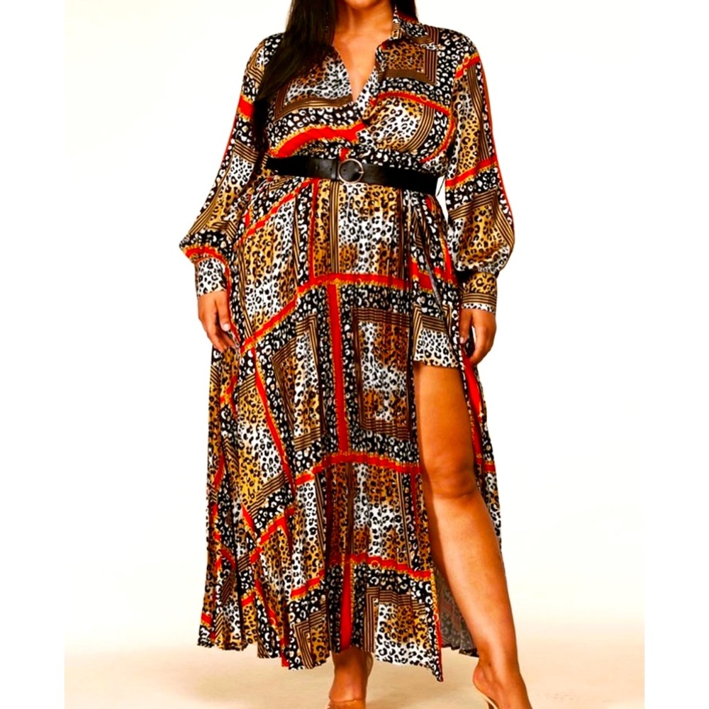 Pleated Leopard Print Maxi Dress